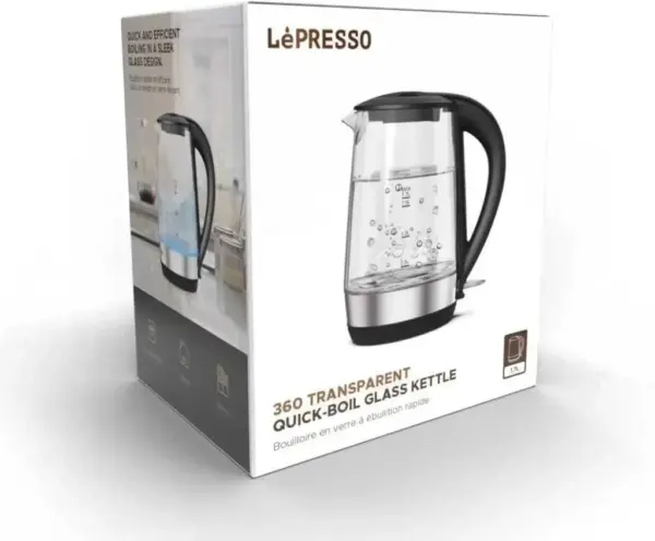 LÉPRESSO 360 TRANSPARENT QUICK-BOIL GLASS KETTLE |BOUILLOIRE EN VERRE À ÉBULLITION RAPIDE |1.7 LITERS